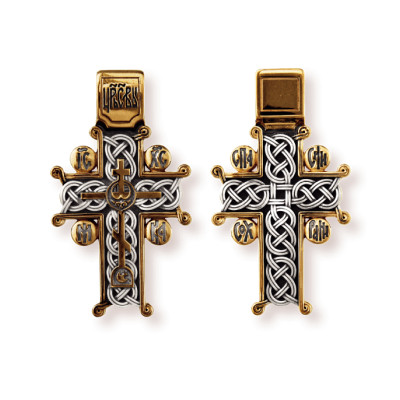 "Голгофский крест". Православный крест из серебра 925 пробы с позолотой и чернением фото