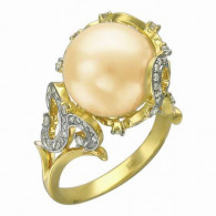 Кольцо с жемчугом и бриллиантами из желтого золота 585 пробы фото