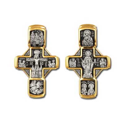 "Распятие Христово. Николай Чудотворец".  Православный  крест из серебра 925 пробы с позолотой и чернением фото