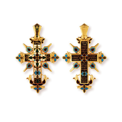 "Процветший крест". Православный крест с эмалью из серебра 925 пробы с позолотой и чернением фото