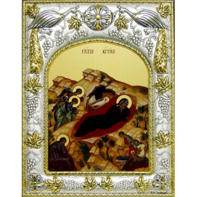 Икона освященная "Рождество Христово" из дерева и серебра 925, 14x18 см фото