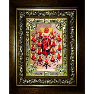 Икона освященная "Древо Пресвятой Богородицы", дерево, серебро 925 пробы, 18x24 см, со стразами, в деревянном киоте 24x30 см фото