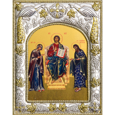Икона освященная "Спас на Престоле (Деисус)", дерево, серебро 925, 14x18 см фото