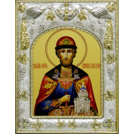 Икона освященная "Димитрий (Дмитрий) Донской благоверый князь", дерево, серебро 925, 14x18 см, со стразами фото