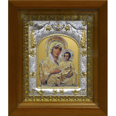 Икона освященная "Иерусалимская икона Божией Матери", дерево, серебро 925 пробы, 14x18 см, в деревянном киоте 20x24 см фото