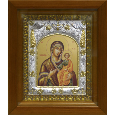 Икона освященная "Смоленская икона Божией Матери ", дерево, серебро 925 пробы, 14x18 см, в деревянном киоте 20x24 см фото