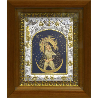 Икона освященная "Остробрамская икона Божией Матери", дерево, серебро 925 пробы, 14x18 см, в деревянном киоте 20x24 см фото