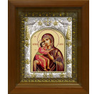 Икона освященная "Феодоровская (Федоровская) икона Богородицы", дерево, серебро 925 пробы, 14x18 см, в деревянном киоте 20x24 см