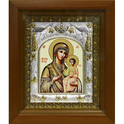 Икона освященная "Иверская икона Божией Матери" из серебра 925 пробы, 14x18 см, в деревянном киоте 20x24 см фото