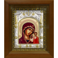 Икона освященная "Казанская икона Божией Матери", дерево, серебро 925 пробы, 14x18 см, в деревянном киоте 20х24 см фото