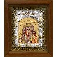 Икона освященная "Божья Матерь Казанская", дерево, серебро 925 пробы, 14x18 см, в деревянном киоте 20х24 см фото
