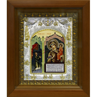 Икона освященная "Божья Матерь Нечаянная Радость", дерево, серебро 925 пробы, 14x18 см, в деревянном киоте 20x24 см фото