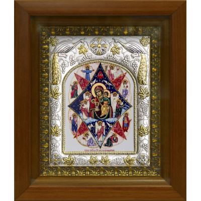 Икона освященная "Неопалимая Купина икона Божией Матери" из серебра 925 пробы, 14x18 см, в деревянном киоте 20x24 см фото