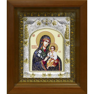 Икона освященная "Образ Божией Матери Неувядаемый Цвет", дерево, серебро 925 пробы, 14x18 см, в деревянном киоте 20x24 см фото
