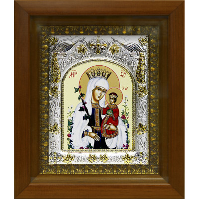 Икона освященная "Неувядаемый Цвет икона Божией Матери", дерево, серебро 925 пробы, 14x18 см, в деревянном киоте 20x24 см фото