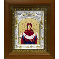 Икона освященная "Покров Пресвятой Богородицы", дерево, серебро 925 пробы, 14x18 см, в деревянном киоте 20x24 см фото