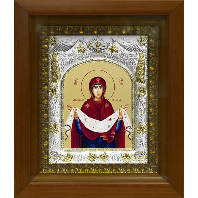 Икона освященная "Покров Пресвятой Богородицы", дерево, серебро 925 пробы, 14x18 см, в деревянном киоте 20x24 см фото