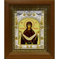 Икона освященная "Покров Пресвятой Богородицы" из дерева и серебра 925 пробы, 14x18 см, в деревянном киоте 20x24 см фото