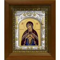 Икона освященная "Божья Матерь Помощница в родах", дерево, серебро 925 пробы, 14x18 см, в деревянном киоте 20х24 см фото