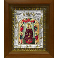 Икона освященная "Богородица Прибавление Ума", дерево, серебро 925 пробы, 14x18 см, в деревянном киоте 20x24 см фото
