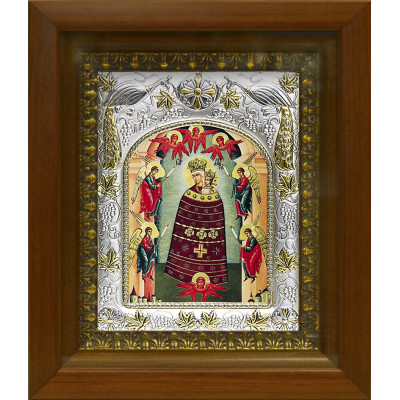 Икона освященная "Богородица Прибавление Ума", дерево, серебро 925 пробы, 14x18 см, в деревянном киоте 20x24 см фото