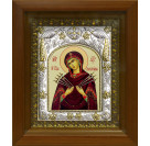 Икона освященная "Божья Матерь Семистрельная", дерево, серебро 925 пробы, 14x18 см, в деревянном киоте 20x24 см