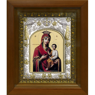 Икона освященная "Божья Матерь Скоропослушница", дерево, серебро 925 пробы, 14x18 см, в деревянном киоте 20x24 см фото