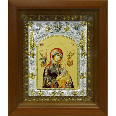 Икона освященная "Страстная икона Божией Матери", дерево, серебро 925 пробы, 14x18 см, в деревянном киоте 20x24 см фото