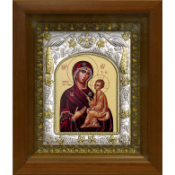 Икона освященная "Тихвинская икона Божией Матери", дерево, серебро 925 пробы, 14x18 см, в деревянном киоте 20x24 см фото
