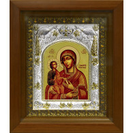 Икона освященная  "Божья Матерь Троеручица", дерево, серебро 925 пробы, 14x18 см, в деревянном киоте 20x24 см фото