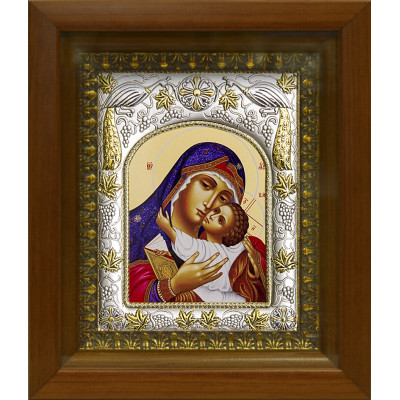 Икона освященная "Богородица Умиление", дерево, серебро 925 пробы, 14x18 см, в деревянном киоте 20x24 см фото