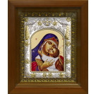 Икона освященная "Богородица Умиление", дерево, серебро 925 пробы, 14x18 см, в деревянном киоте 20x24 см