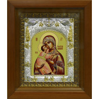 Икона освященная "Божья Матерь Владимирская" из серебра 925 пробы, 14x18 см, в деревянном киоте 20x24 см фото