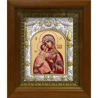 Икона освященная "Божия Матерь Владимирская" из серебра 925 пробы, 14x18 см, в деревянном киоте 20x24 см фото