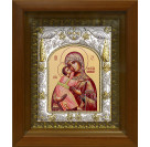 Икона освященная "Божия Матерь Владимирская" из серебра 925 пробы, 14x18 см, в деревянном киоте 20x24 см