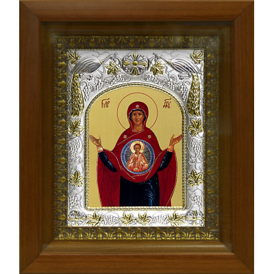 Икона освященная "Знамение икона Божией Матери" из серебра 925 пробы, 14x18 см, в деревянном киоте 20x24 см фото
