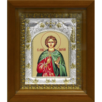 Икона освященная "Анатолий Никомедийский мученик", дерево, серебро 925, 14x18 см, в деревянном киоте 20x24 см фото