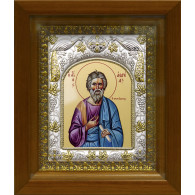 Икона освященная "Андрей Первозванный апостол", дерево, серебро 925 пробы, 14x18 см, в деревянном киоте 20x24 см фото