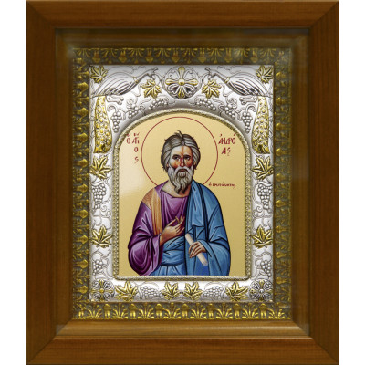 Икона освященная "Андрей Первозванный апостол", дерево, серебро 925 пробы, 14x18 см, в деревянном киоте 20x24 см фото