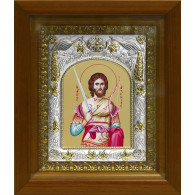 Икона освященная "Артемий Антиохийский великомученик", дерево, серебро 925 пробы, 14x18 см, в деревянном киоте 20x24 см фото