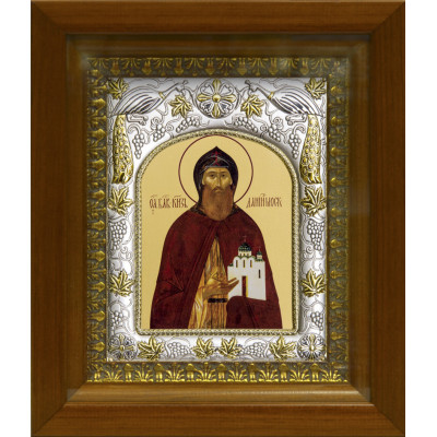Икона освященная "Даниил Московский благоверный князь", дерево, серебро 925 пробы, 14x18 см, в деревянном киоте 20x24 см фото