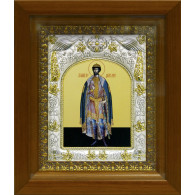 Икона освященная "Димитрий (Дмитрий) Донской благоверый князь", дерево, серебро 925 пробы, 14x18 см, в деревянном киоте 20x24 см фото