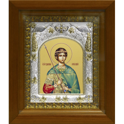 Икона освященная "Димитрий (Дмитрий) Солунский великомученик", дерево, серебро 925 пробы, 14x18 см, в деревянном киоте 20x24 см фото