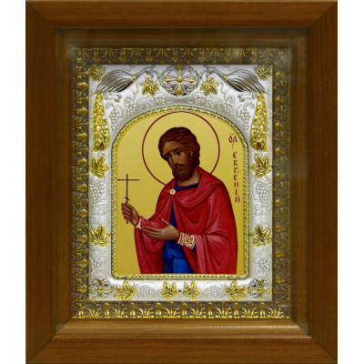 Икона освященная "Евгений Севастийский, мученик", дерево, серебро 925 пробы, 14x18 см, в деревянном киоте 20x24 см фото