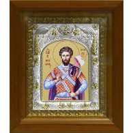Икона освященная "Феодор Тирон (Федор)", дерево, серебро 925 пробы, 14x18 см, в деревянном киоте 20x24 см фото