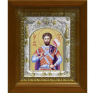 Икона освященная "Феодор Тирон (Федор)", дерево, серебро 925 пробы, 14x18 см, в деревянном киоте 20x24 см