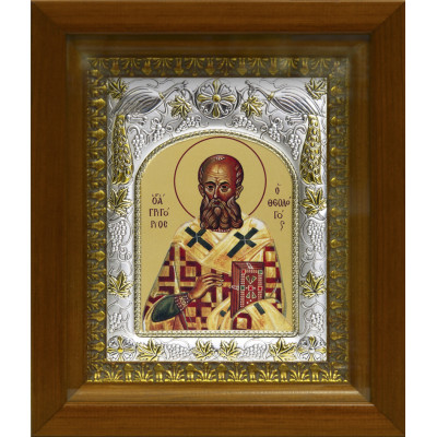 Икона освященная "Григорий Богослов святитель", дерево, серебро 925 пробы, 14x18 см, в деревянном киоте 20x24 см фото