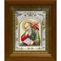 Икона освященная "Иоанн (Иван) Богослов апостол", дерево, серебро 925 пробы, 14x18 см, в деревянном киоте 20x24 см фото