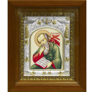 Икона освященная "Иоанн (Иван) Богослов апостол", дерево, серебро 925 пробы, 14x18 см, в деревянном киоте 20x24 см