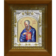 Икона освященная "Иоанн (Иван) Богослов", дерево, серебро 925 пробы, 14x18 см, в деревянном киоте 20x24 см фото